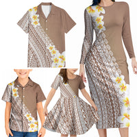 Tahiti Plumeria Tribal Pattern Family Matching Long Sleeve Bodycon Dress and Hawaiian Shirt Wave Style Brown LT05 - Polynesian Pride