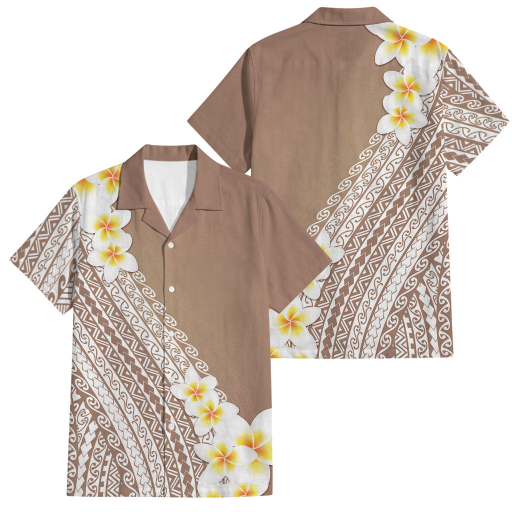 Tahiti Plumeria Tribal Pattern Family Matching Long Sleeve Bodycon Dress and Hawaiian Shirt Wave Style Brown LT05 Dad's Shirt - Short Sleeve Brown - Polynesian Pride