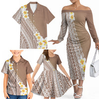 Tahiti Plumeria Tribal Pattern Family Matching Off The Shoulder Long Sleeve Dress and Hawaiian Shirt Wave Style Brown LT05 - Polynesian Pride
