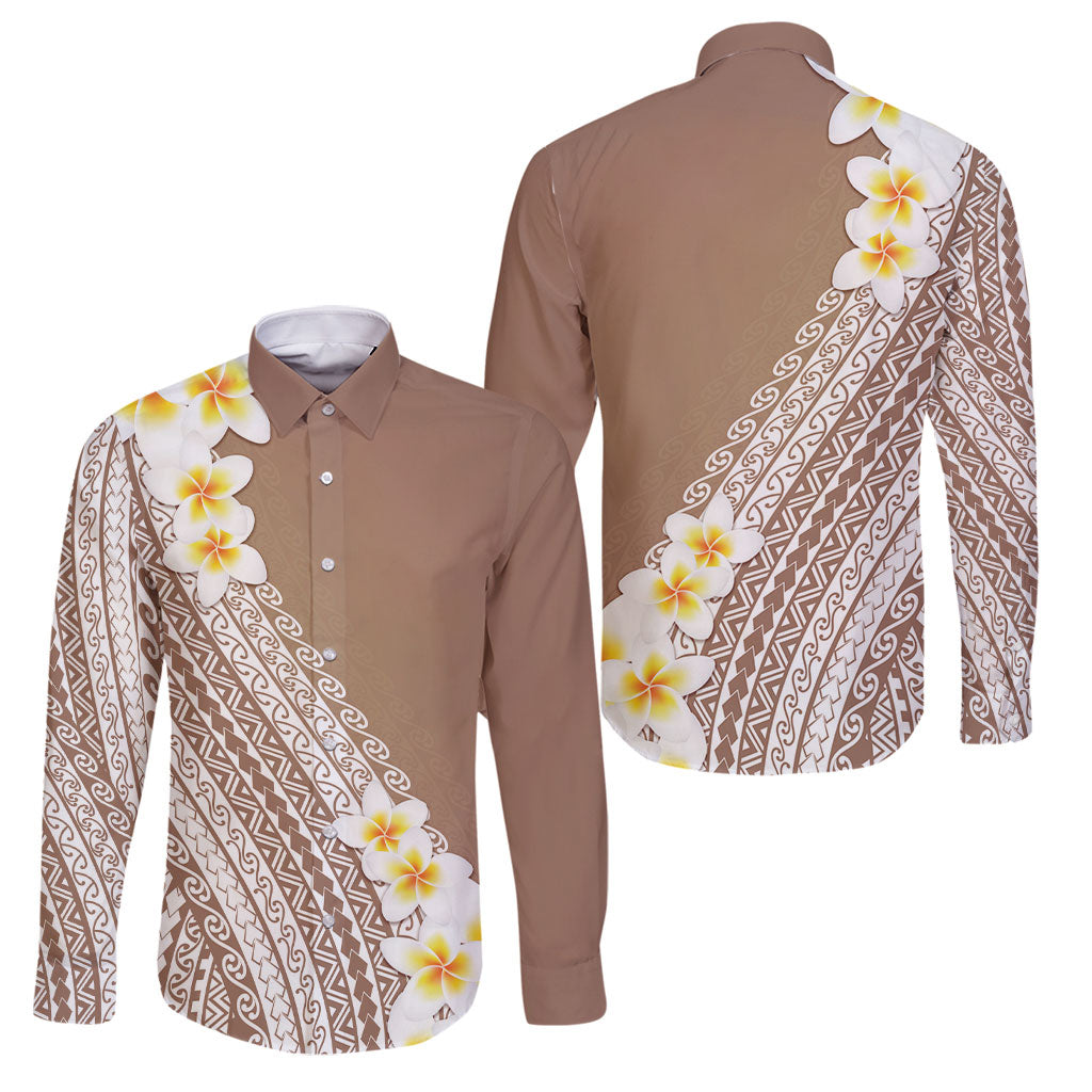 Tahiti Plumeria Tribal Pattern Family Matching Off The Shoulder Long Sleeve Dress and Hawaiian Shirt Wave Style Brown LT05 Dad's Shirt - Long Sleeve Brown - Polynesian Pride