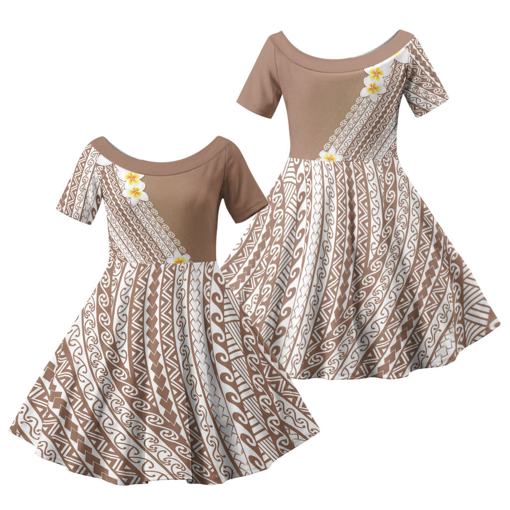 Tahiti Plumeria Tribal Pattern Family Matching Off Shoulder Maxi Dress and Hawaiian Shirt Wave Style Brown LT05 Daughter's Dress Brown - Polynesian Pride