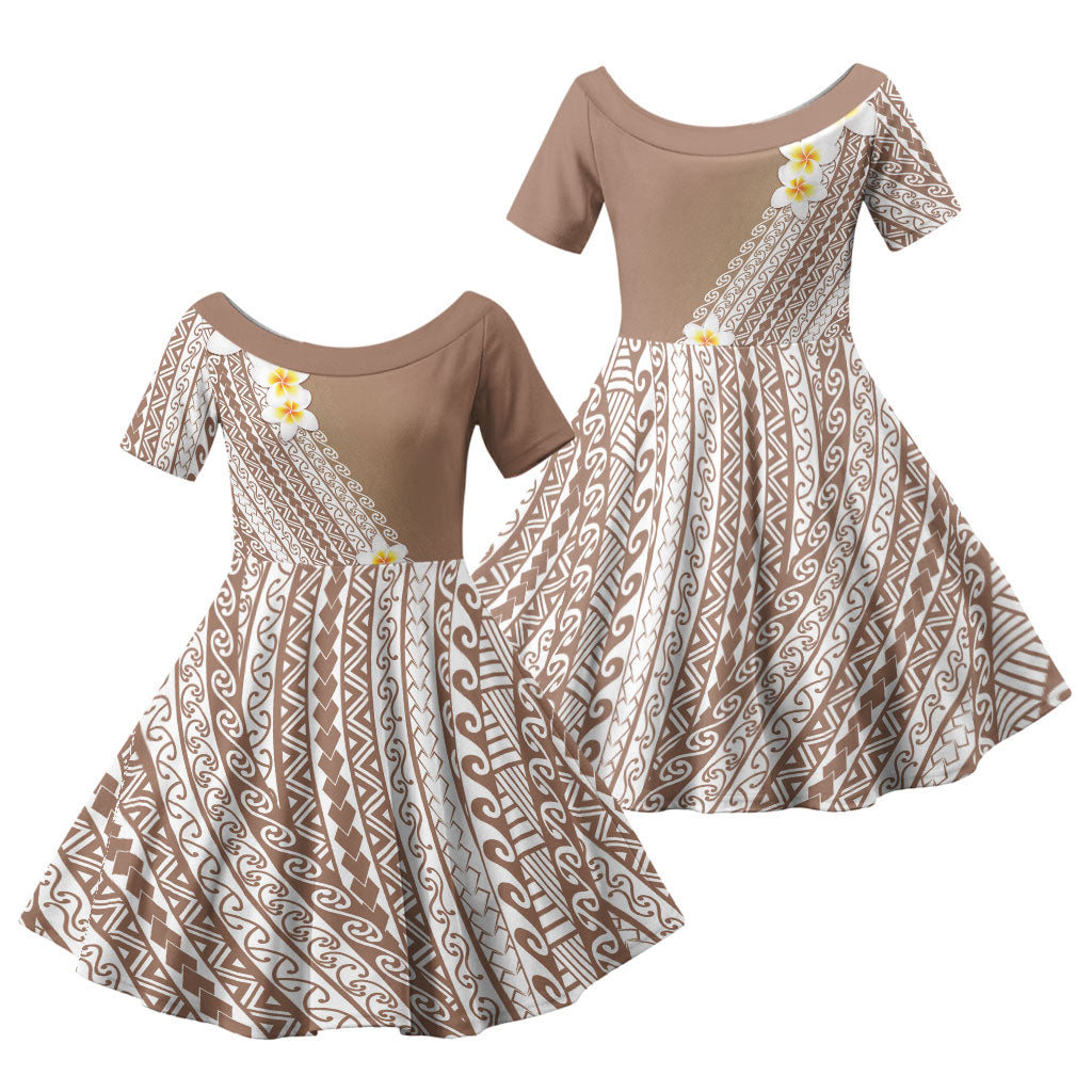 Tahiti Plumeria Tribal Pattern Family Matching Short Sleeve Bodycon Dress and Hawaiian Shirt Wave Style Brown LT05 Daughter's Dress Brown - Polynesian Pride