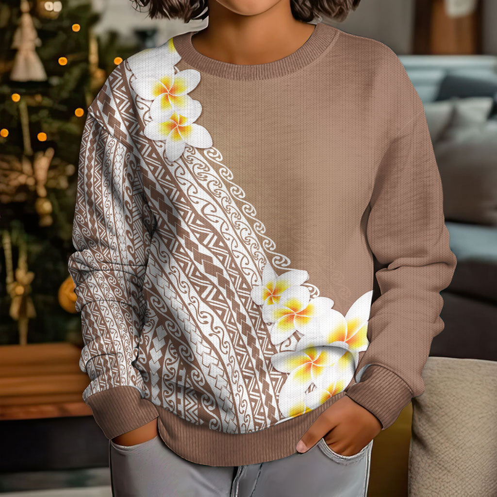 Tahiti Plumeria Tribal Pattern Kid Ugly Christmas Sweater Wave Style Brown LT05 - Polynesian Pride