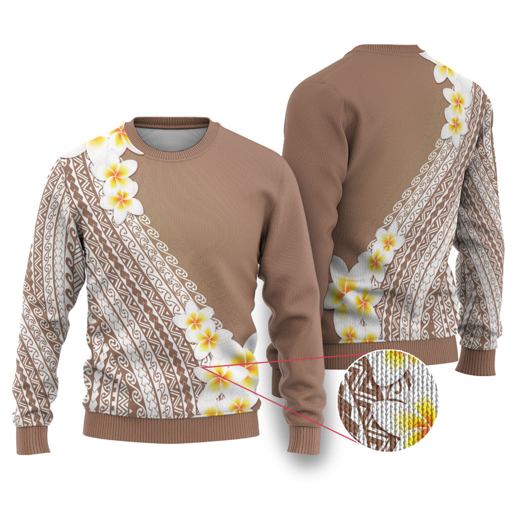 Tahiti Plumeria Tribal Pattern Ugly Christmas Sweater Wave Style Brown LT05 Brown - Polynesian Pride