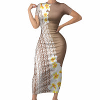 Tahiti Plumeria Tribal Pattern Short Sleeve Bodycon Dress Wave Style Brown LT05 Long Dress Brown - Polynesian Pride