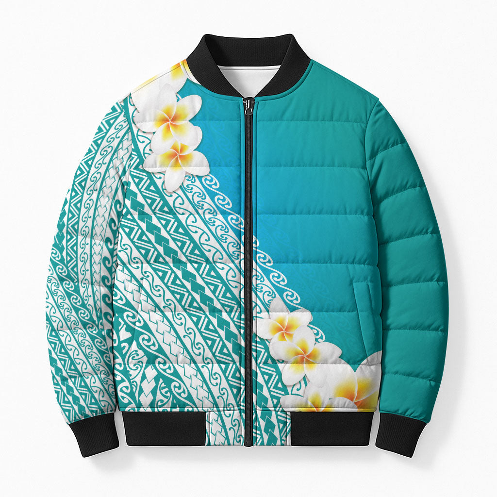 Tahiti Plumeria Tribal Pattern Bomber Puffer Jacket Wave Style Turquoise LT05 Unisex Turquoise - Polynesian Pride