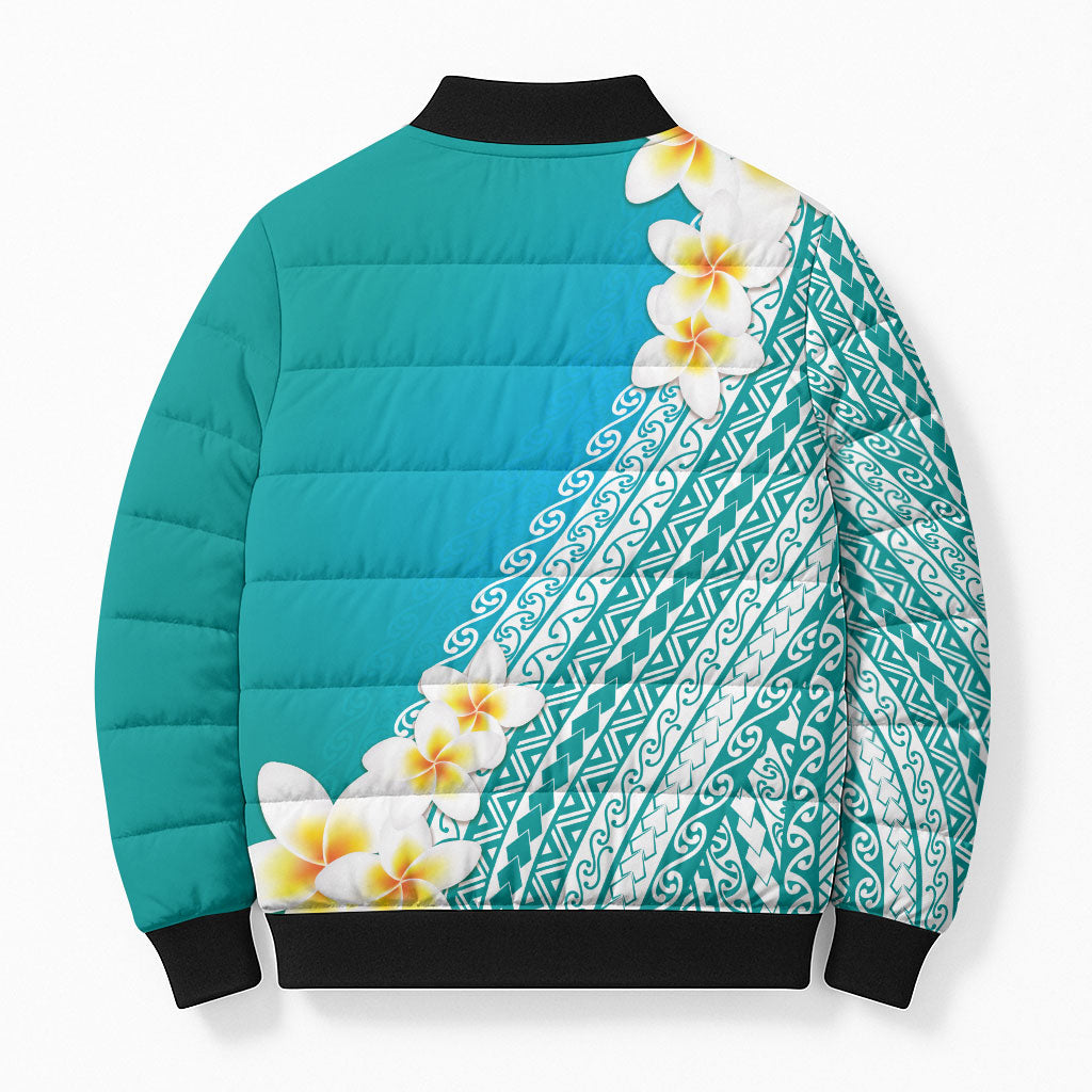 Tahiti Plumeria Tribal Pattern Bomber Puffer Jacket Wave Style Turquoise LT05 - Polynesian Pride