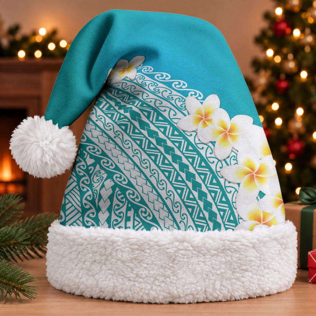 Tahiti Plumeria Tribal Pattern Christmas Santa Hat Wave Style Turquoise LT05 With Fur Turquoise - Polynesian Pride
