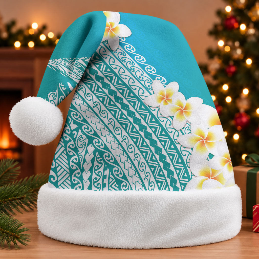 Tahiti Plumeria Tribal Pattern Christmas Santa Hat Wave Style Turquoise LT05 Without Fur Turquoise - Polynesian Pride