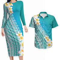 Tahiti Plumeria Tribal Pattern Couples Matching Long Sleeve Bodycon Dress and Hawaiian Shirt Wave Style Turquoise LT05 Turquoise - Polynesian Pride