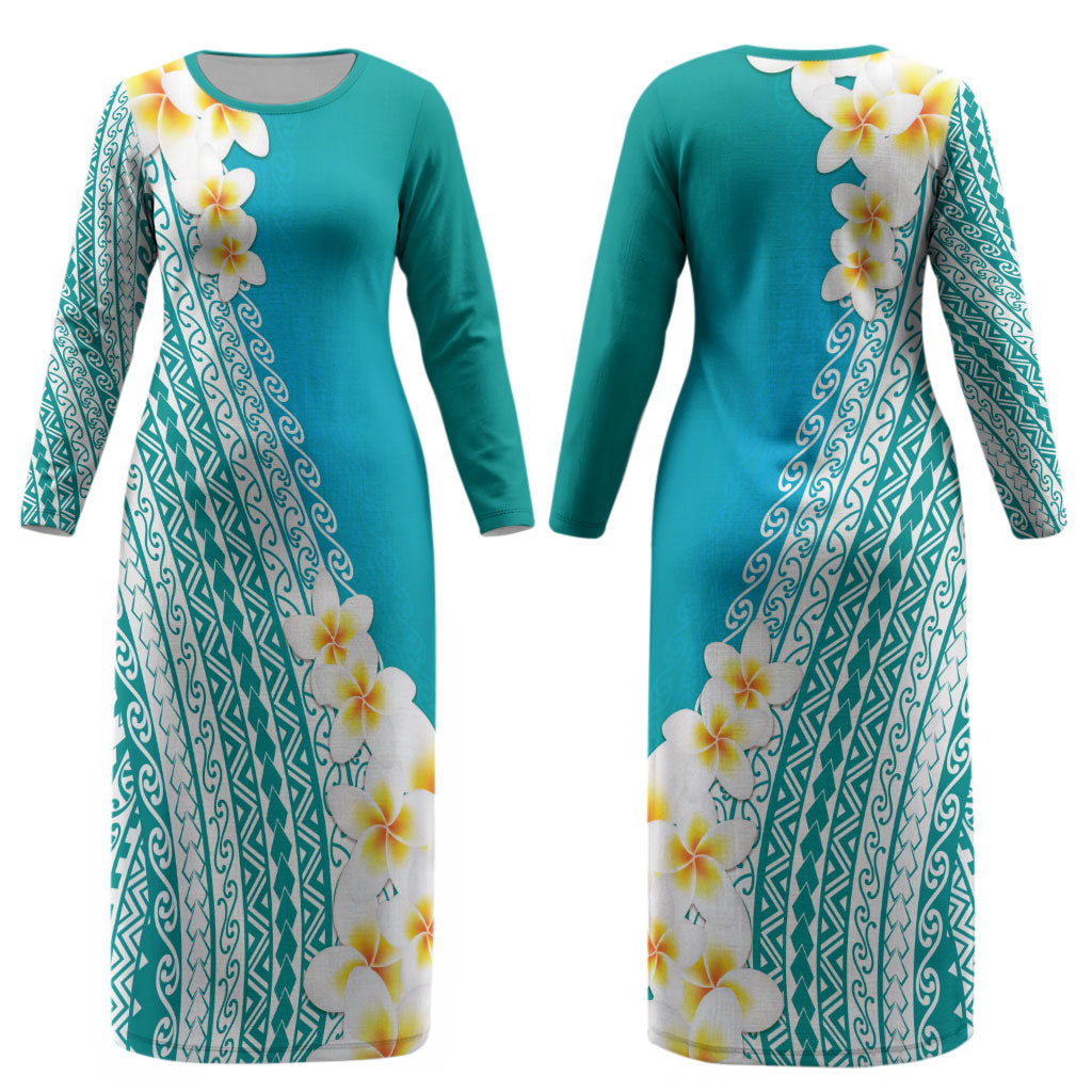 Tahiti Plumeria Tribal Pattern Couples Matching Long Sleeve Bodycon Dress and Long Sleeve Button Shirt Wave Style Turquoise LT05 - Polynesian Pride
