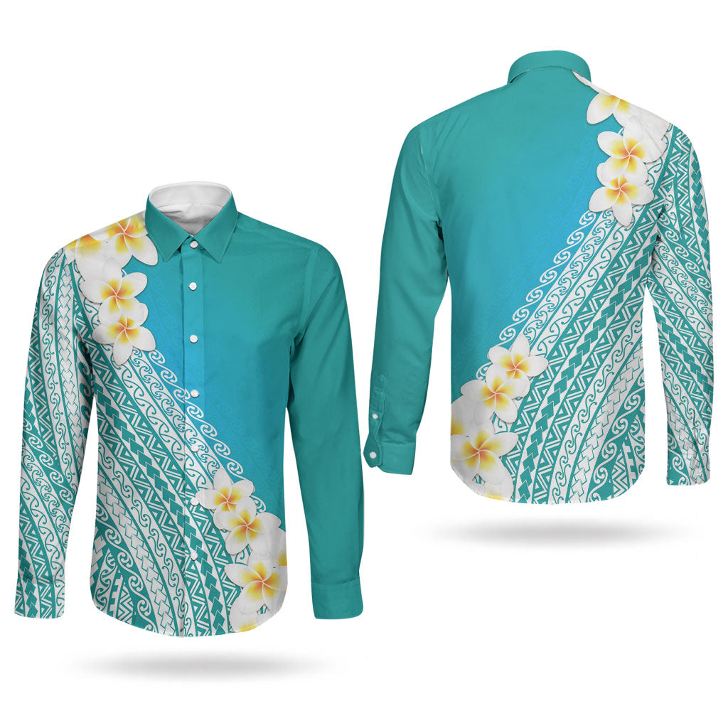 Tahiti Plumeria Tribal Pattern Couples Matching Off The Shoulder Long Sleeve Dress and Long Sleeve Button Shirt Wave Style Turquoise LT05 - Polynesian Pride