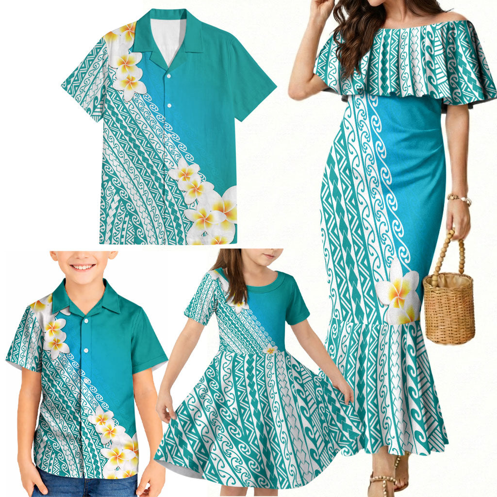 Tahiti Plumeria Tribal Pattern Family Matching Mermaid Dress and Hawaiian Shirt Wave Style Turquoise LT05 - Polynesian Pride