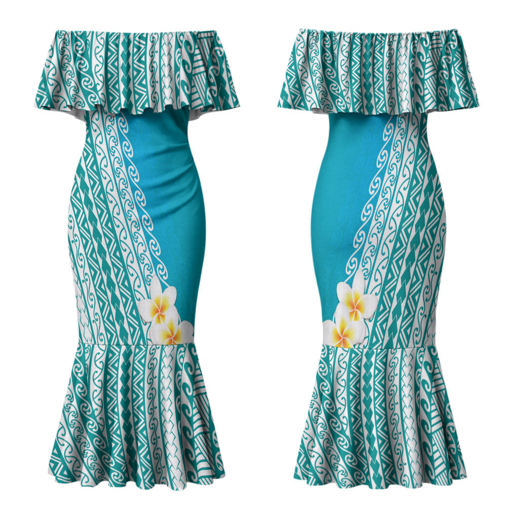 Tahiti Plumeria Tribal Pattern Family Matching Mermaid Dress and Hawaiian Shirt Wave Style Turquoise LT05 Mom's Dress Turquoise - Polynesian Pride