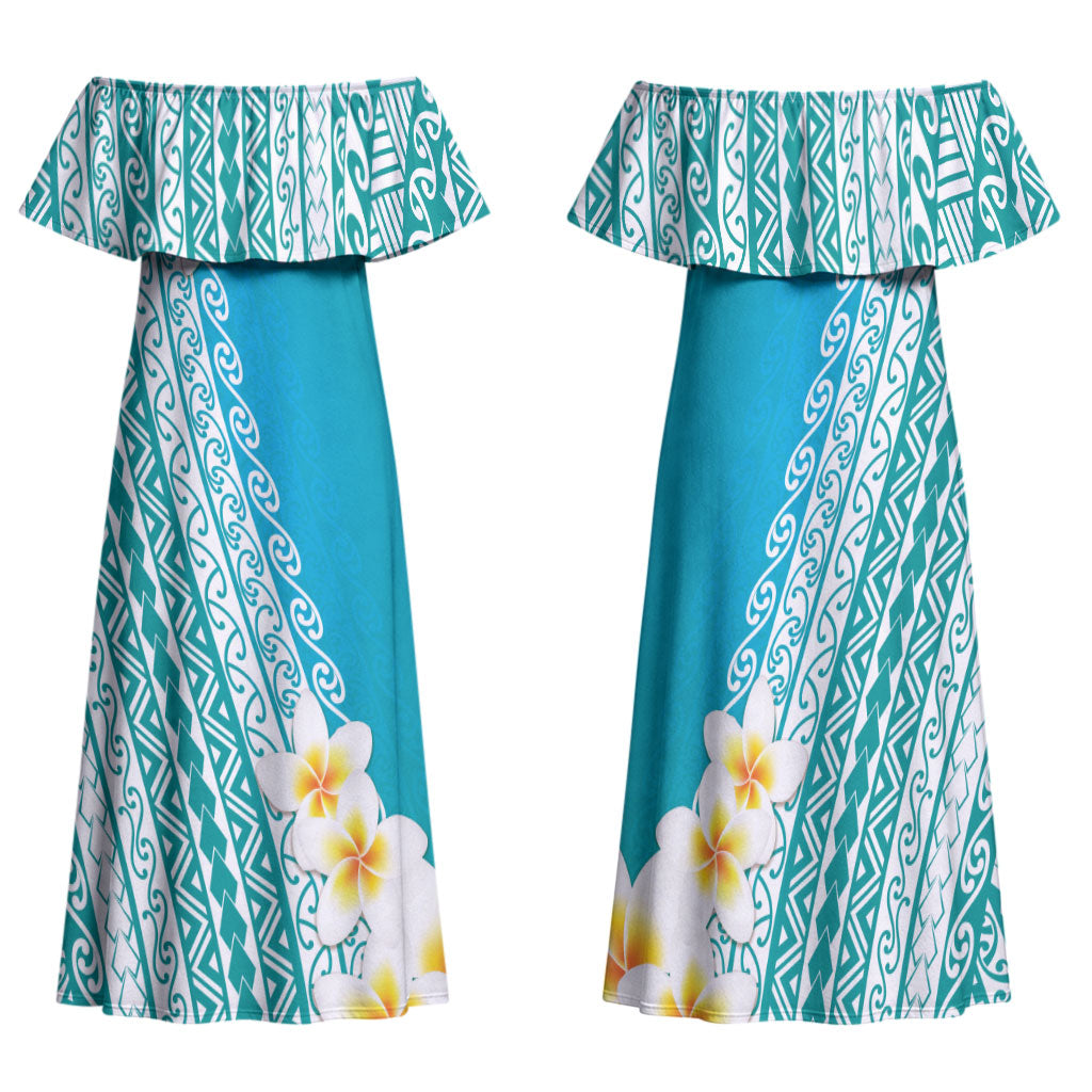 Tahiti Plumeria Tribal Pattern Family Matching Off Shoulder Maxi Dress and Hawaiian Shirt Wave Style Turquoise LT05 Mom's Dress Turquoise - Polynesian Pride