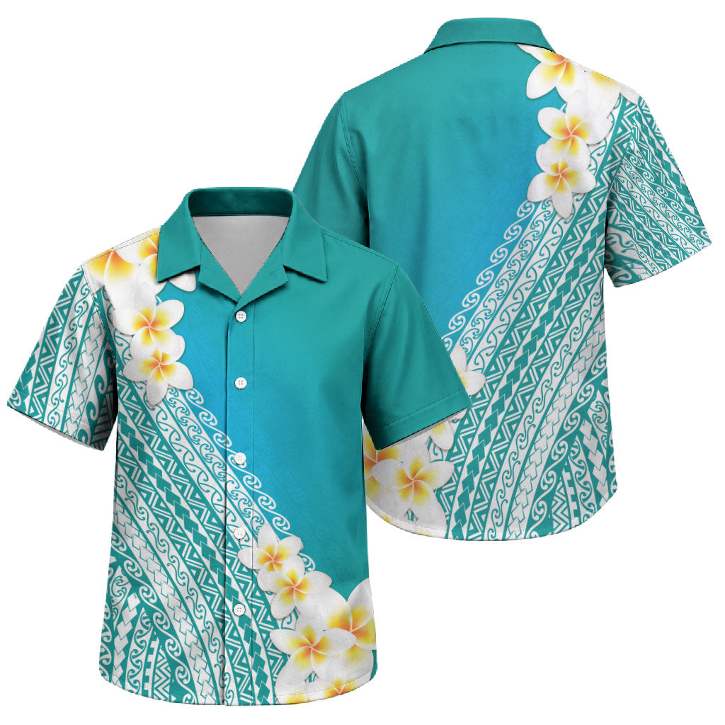 Tahiti Plumeria Tribal Pattern Family Matching Off Shoulder Short Dress and Hawaiian Shirt Wave Style Turquoise LT05 Son's Shirt Turquoise - Polynesian Pride