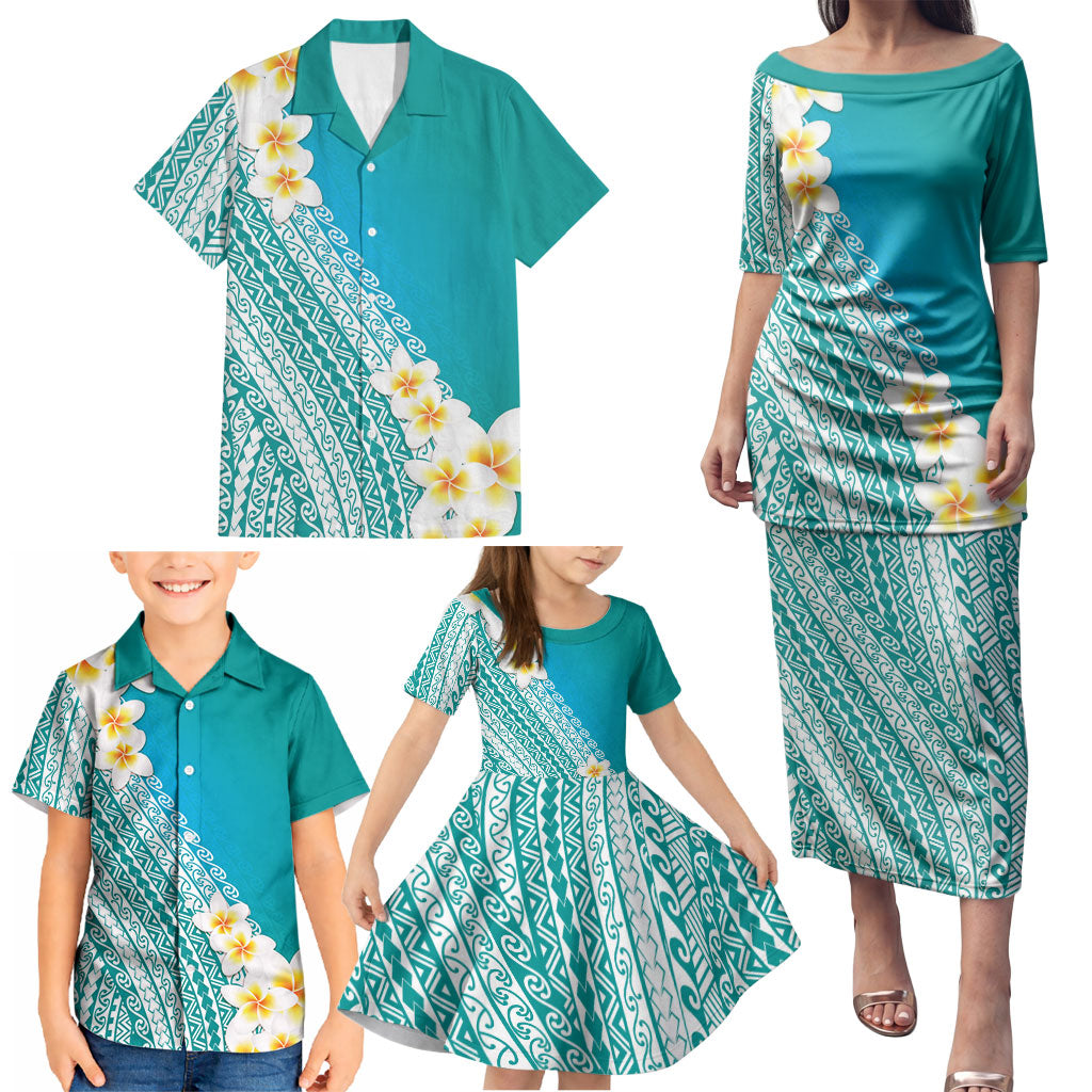 Tahiti Plumeria Tribal Pattern Family Matching Puletasi and Hawaiian Shirt Wave Style Turquoise LT05 - Polynesian Pride
