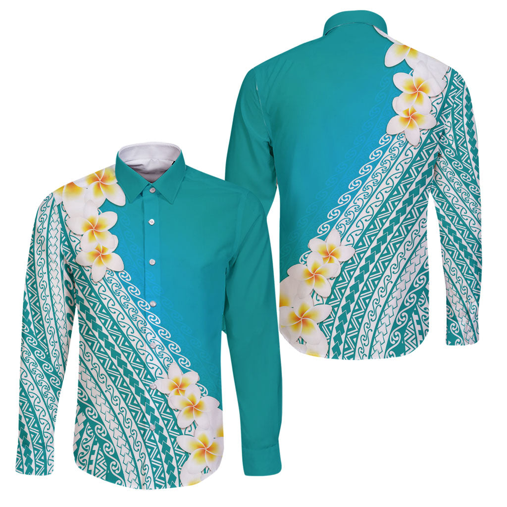 Tahiti Plumeria Tribal Pattern Family Matching Puletasi and Hawaiian Shirt Wave Style Turquoise LT05 Dad's Shirt - Long Sleeve Turquoise - Polynesian Pride