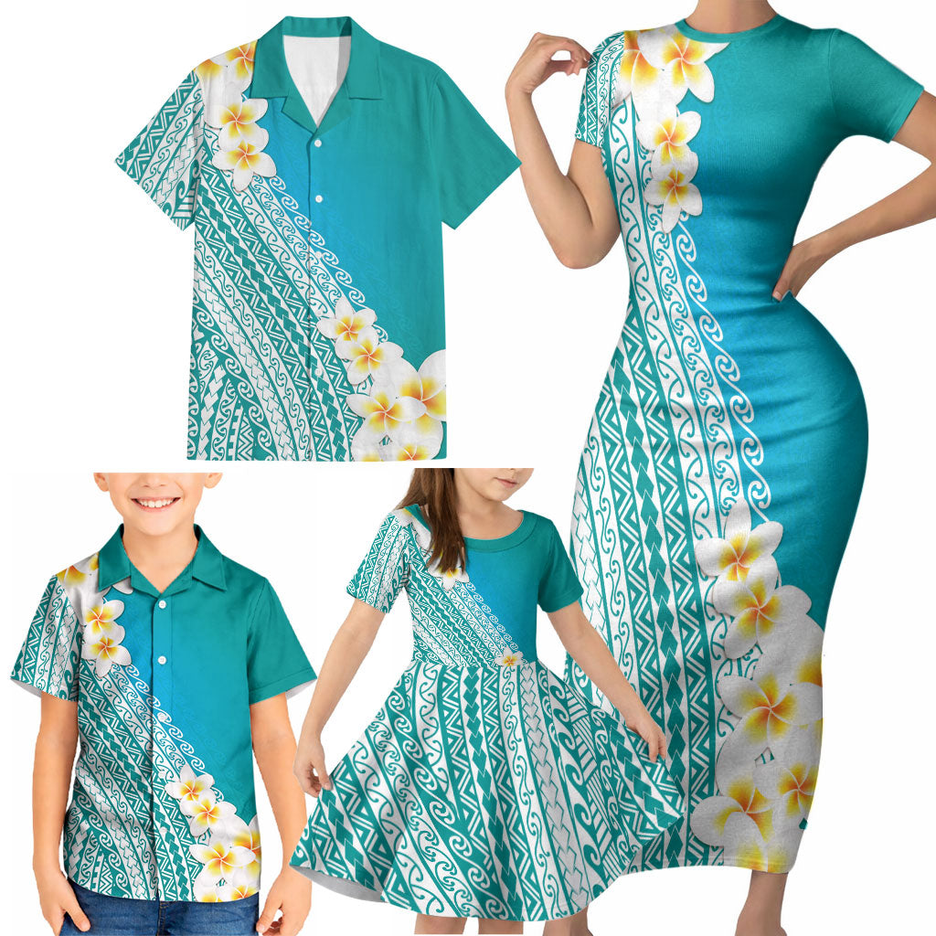 Tahiti Plumeria Tribal Pattern Family Matching Short Sleeve Bodycon Dress and Hawaiian Shirt Wave Style Turquoise LT05 - Polynesian Pride
