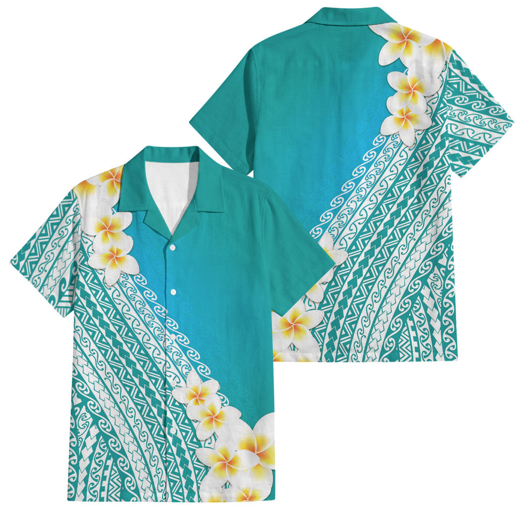 Tahiti Plumeria Tribal Pattern Family Matching Short Sleeve Bodycon Dress and Hawaiian Shirt Wave Style Turquoise LT05 Dad's Shirt - Short Sleeve Turquoise - Polynesian Pride
