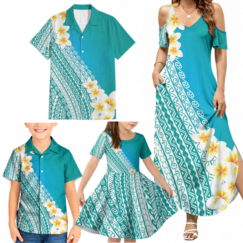 Tahiti Plumeria Tribal Pattern Family Matching Summer Maxi Dress and Hawaiian Shirt Wave Style Turquoise LT05 - Polynesian Pride