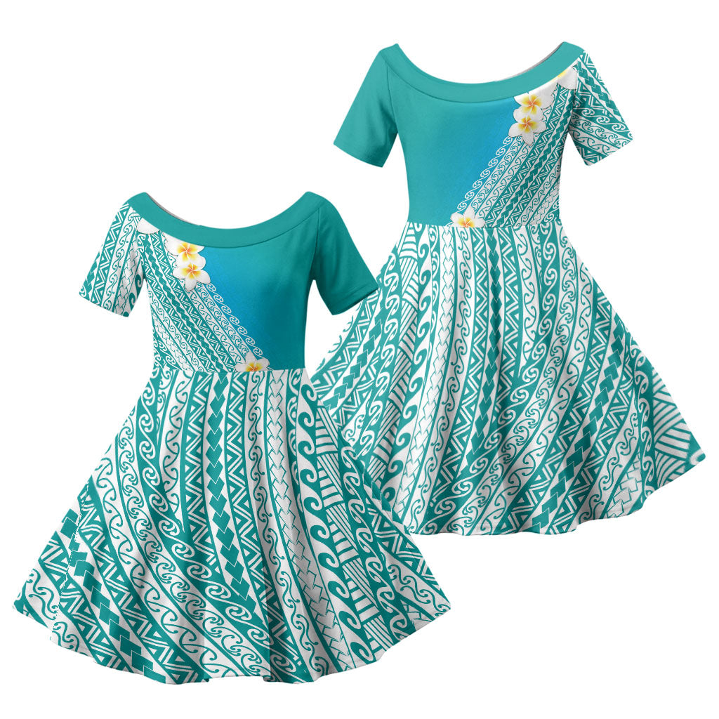 Tahiti Plumeria Tribal Pattern Family Matching Summer Maxi Dress and Hawaiian Shirt Wave Style Turquoise LT05 Daughter's Dress Turquoise - Polynesian Pride
