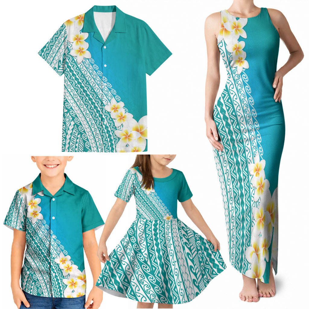 Tahiti Plumeria Tribal Pattern Family Matching Tank Maxi Dress and Hawaiian Shirt Wave Style Turquoise LT05 - Polynesian Pride