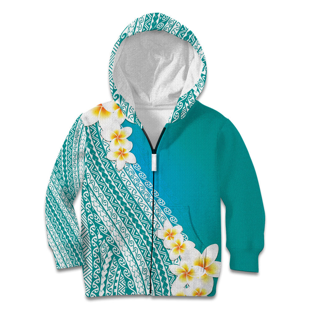 Tahiti Plumeria Tribal Pattern Kid Hoodie Wave Style Turquoise LT05 Zip Hoodie Turquoise - Polynesian Pride
