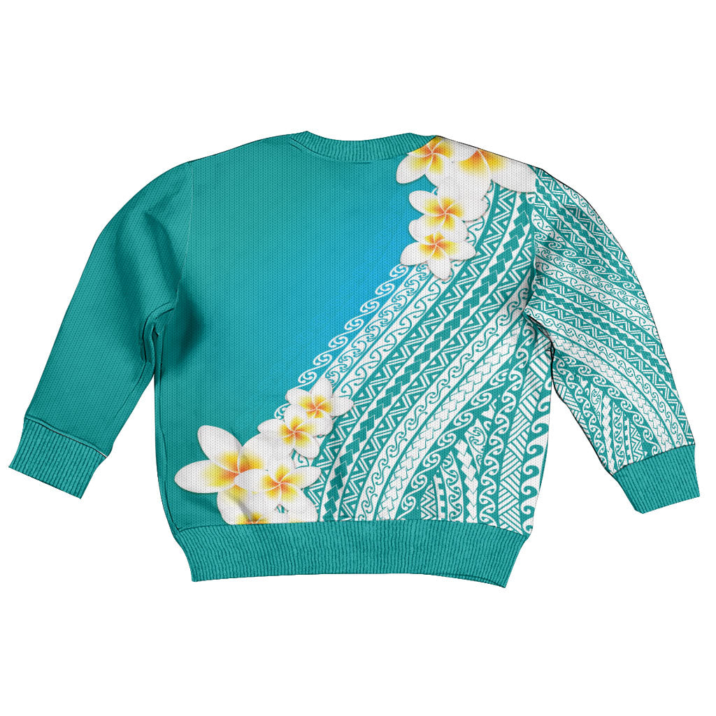 Tahiti Plumeria Tribal Pattern Kid Ugly Christmas Sweater Wave Style Turquoise LT05 - Polynesian Pride