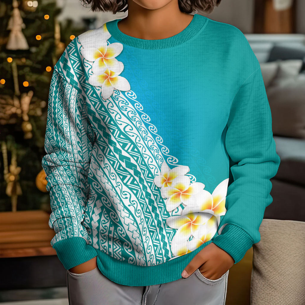 Tahiti Plumeria Tribal Pattern Kid Ugly Christmas Sweater Wave Style Turquoise LT05 - Polynesian Pride