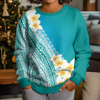 Tahiti Plumeria Tribal Pattern Kid Ugly Christmas Sweater Wave Style Turquoise LT05 - Polynesian Pride