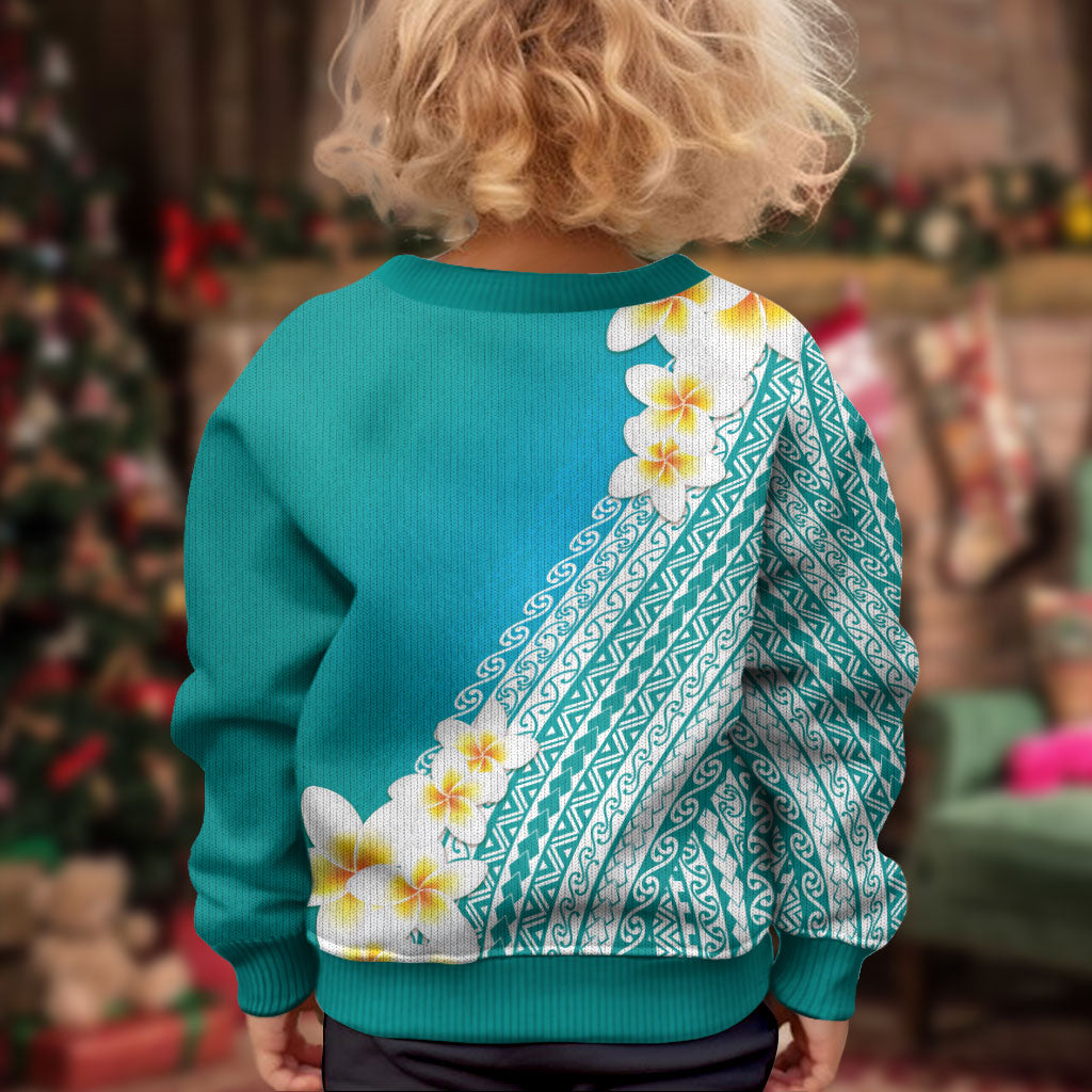 Tahiti Plumeria Tribal Pattern Kid Ugly Christmas Sweater Wave Style Turquoise LT05 - Polynesian Pride