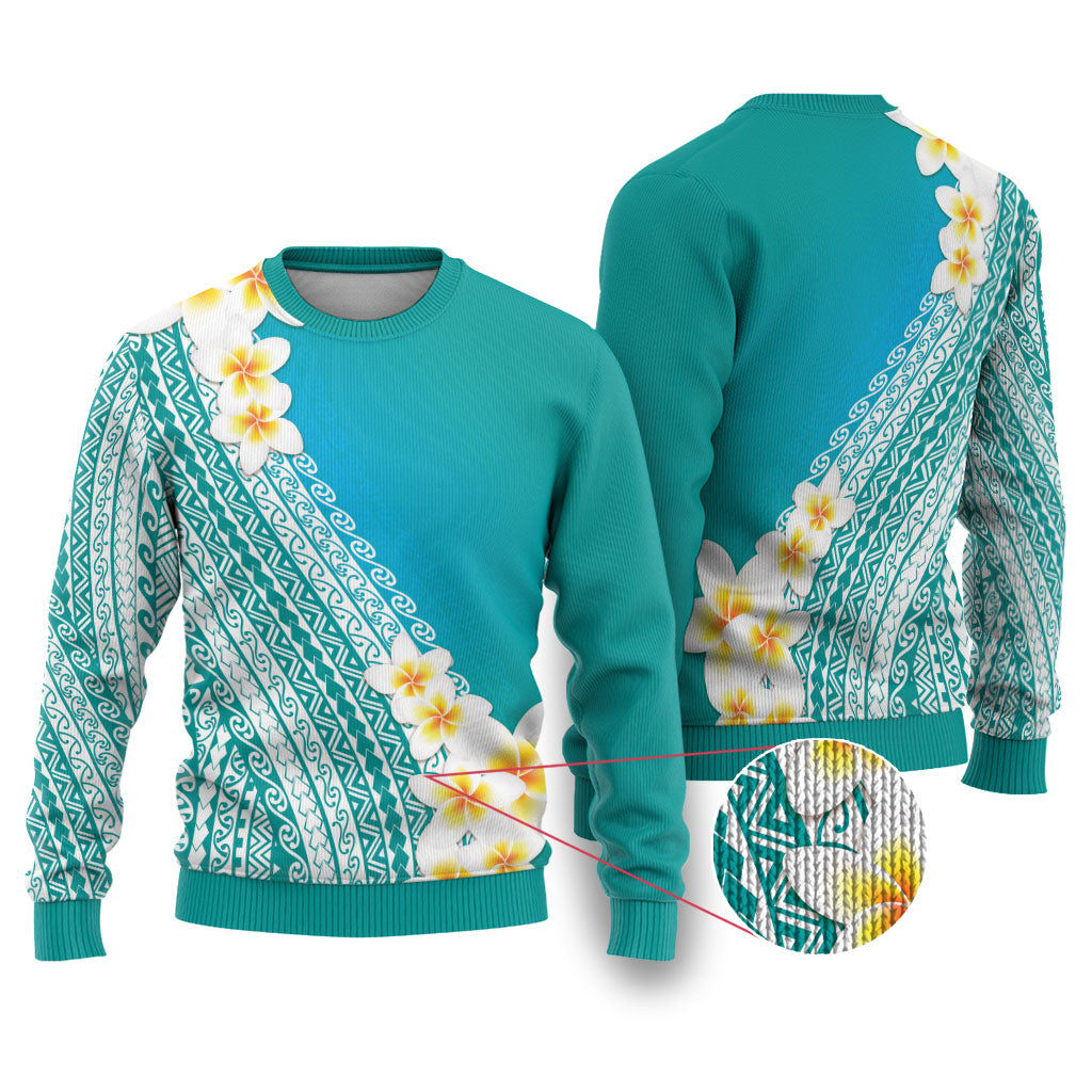 Tahiti Plumeria Tribal Pattern Ugly Christmas Sweater Wave Style Turquoise LT05 Turquoise - Polynesian Pride