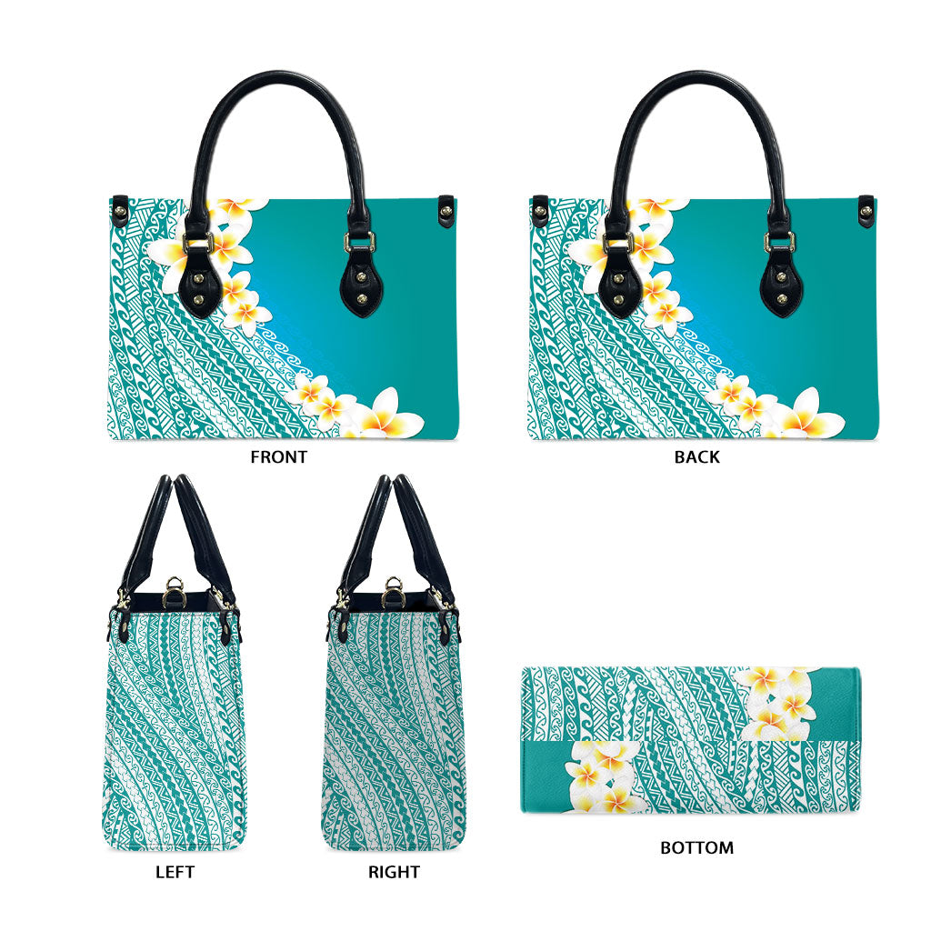Tahiti Plumeria Tribal Pattern Leather Bag Wave Style Turquoise LT05 - Polynesian Pride