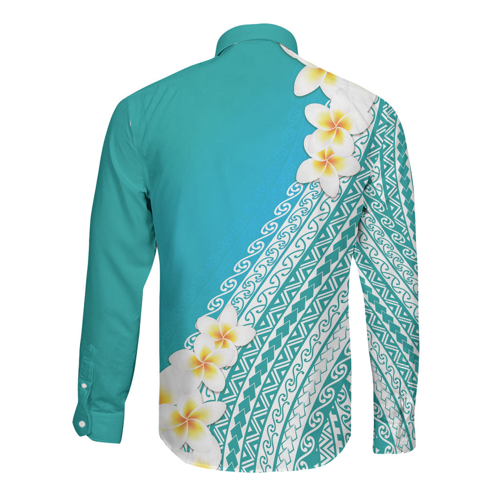 Tahiti Plumeria Tribal Pattern Long Sleeve Button Shirt Wave Style Turquoise LT05 - Polynesian Pride