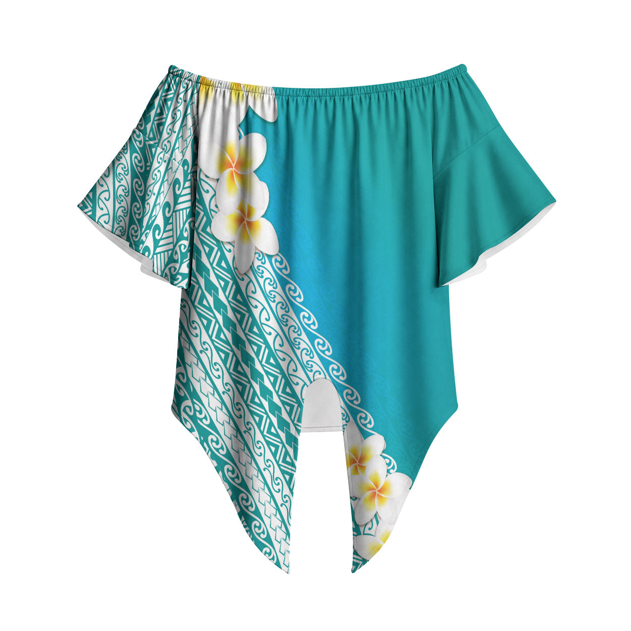 Tahiti Plumeria Tribal Pattern Off Shoulder Wrap Waist Top Wave Style Turquoise
