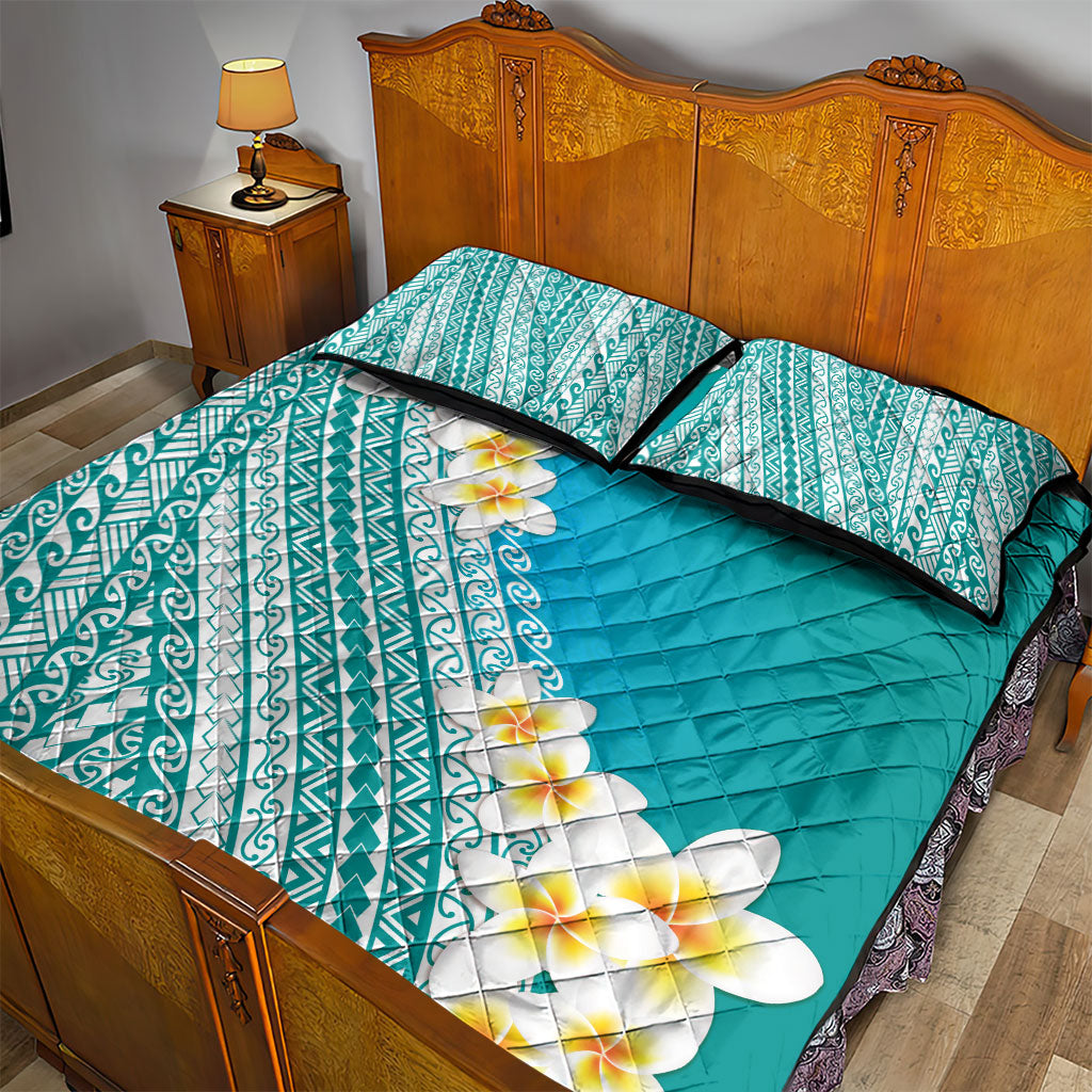 Tahiti Plumeria Tribal Pattern Quilt Bed Set Wave Style Turquoise LT05 - Polynesian Pride