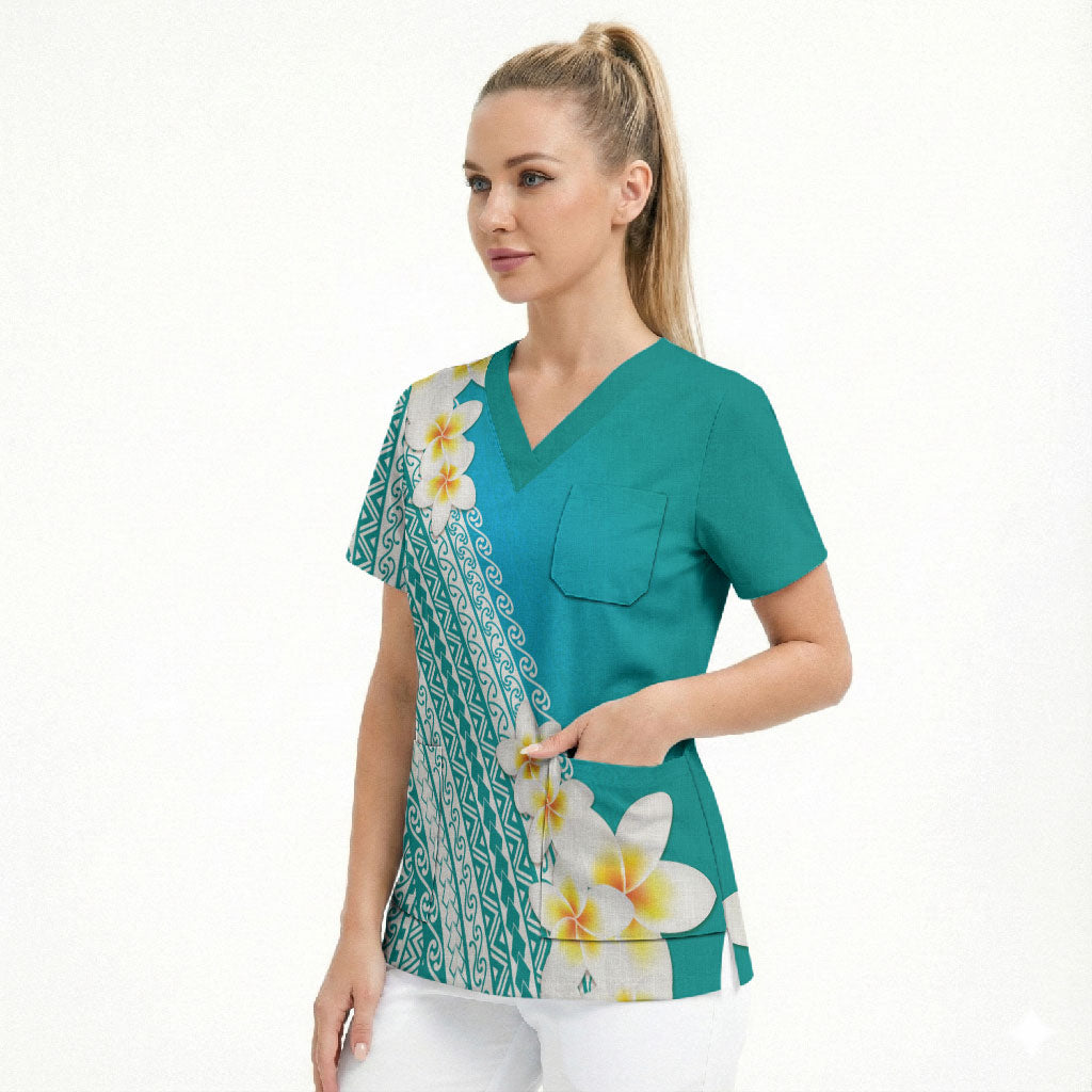 Tahiti Plumeria Tribal Pattern Scrub Top Wave Style Turquoise LT05 - Polynesian Pride