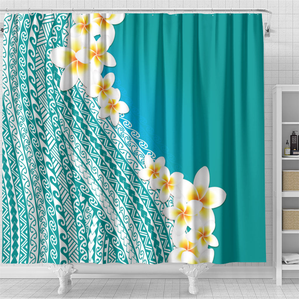 Tahiti Plumeria Tribal Pattern Shower Curtain Wave Style Turquoise LT05 - Polynesian Pride