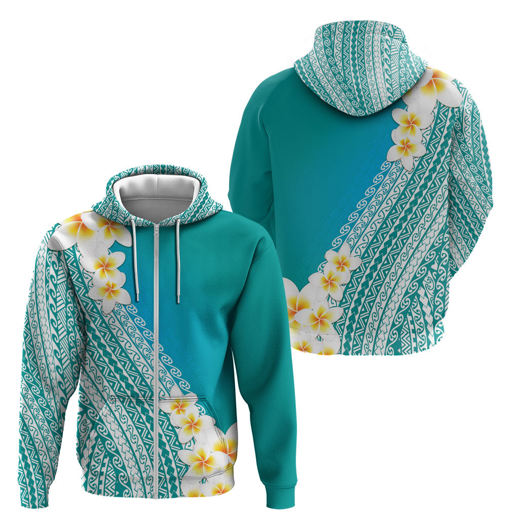 Tahiti Plumeria Tribal Pattern Zip Hoodie Wave Style Turquoise LT05 - Polynesian Pride