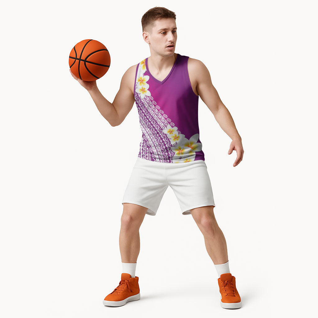 Tahiti Plumeria Tribal Pattern Basketball Jersey Wave Style Purple LT05 - Polynesian Pride