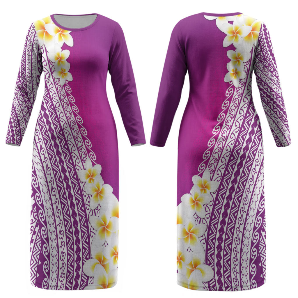 Tahiti Plumeria Tribal Pattern Couples Matching Long Sleeve Bodycon Dress and Hawaiian Shirt Wave Style Purple LT05 - Polynesian Pride