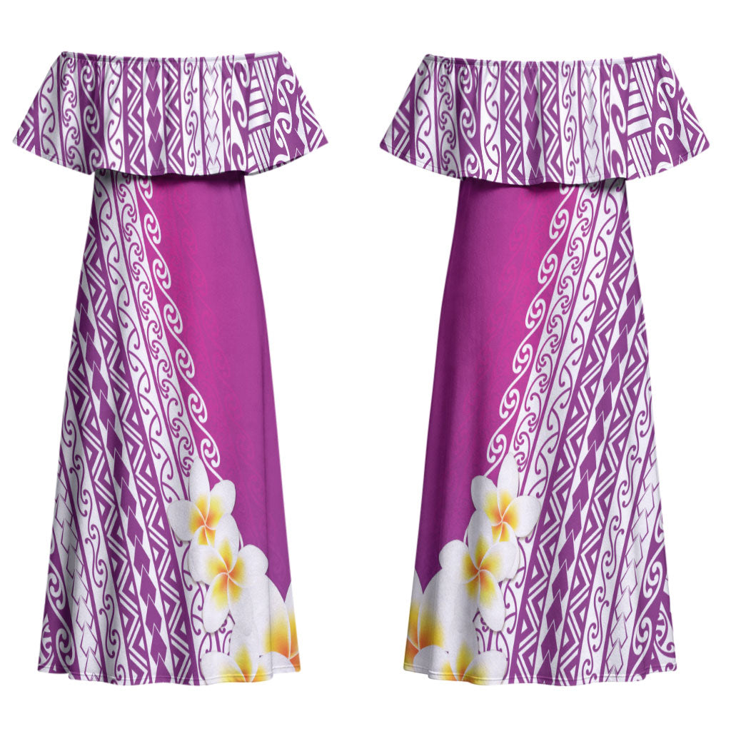 Tahiti Plumeria Tribal Pattern Couples Matching Off Shoulder Maxi Dress and Hawaiian Shirt Wave Style Purple LT05 - Polynesian Pride