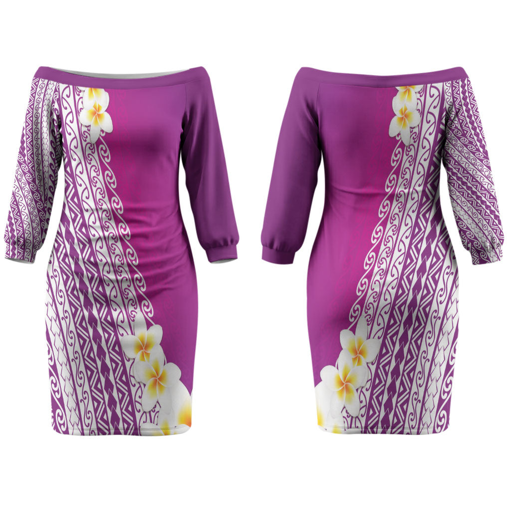 Tahiti Plumeria Tribal Pattern Couples Matching Off The Shoulder Long Sleeve Dress and Hawaiian Shirt Wave Style Purple LT05 - Polynesian Pride