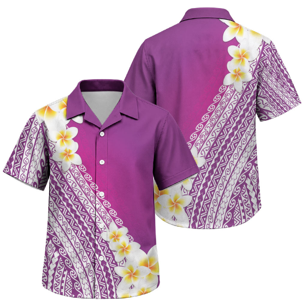 Tahiti Plumeria Tribal Pattern Family Matching Long Sleeve Bodycon Dress and Hawaiian Shirt Wave Style Purple LT05 Son's Shirt Purple - Polynesian Pride
