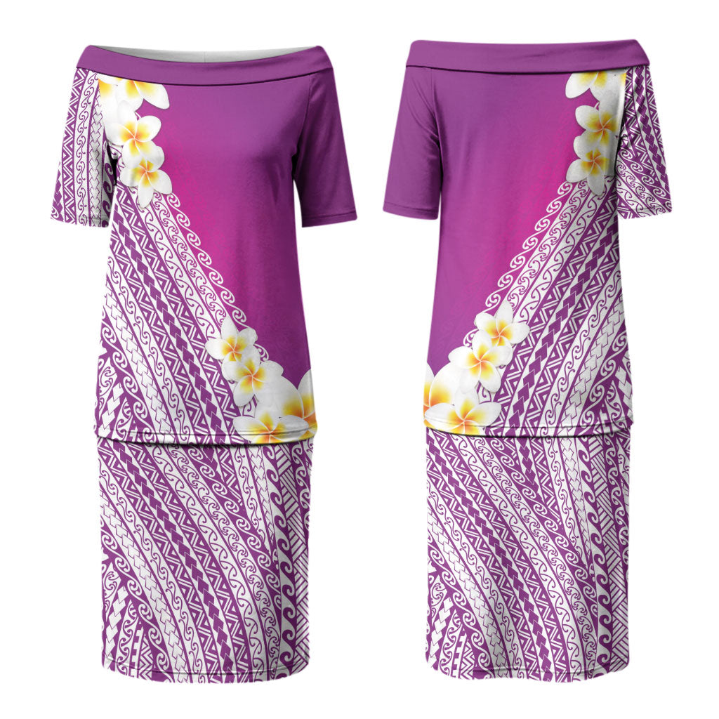 Tahiti Plumeria Tribal Pattern Family Matching Puletasi and Hawaiian Shirt Wave Style Purple LT05 Mom's Dress Purple - Polynesian Pride