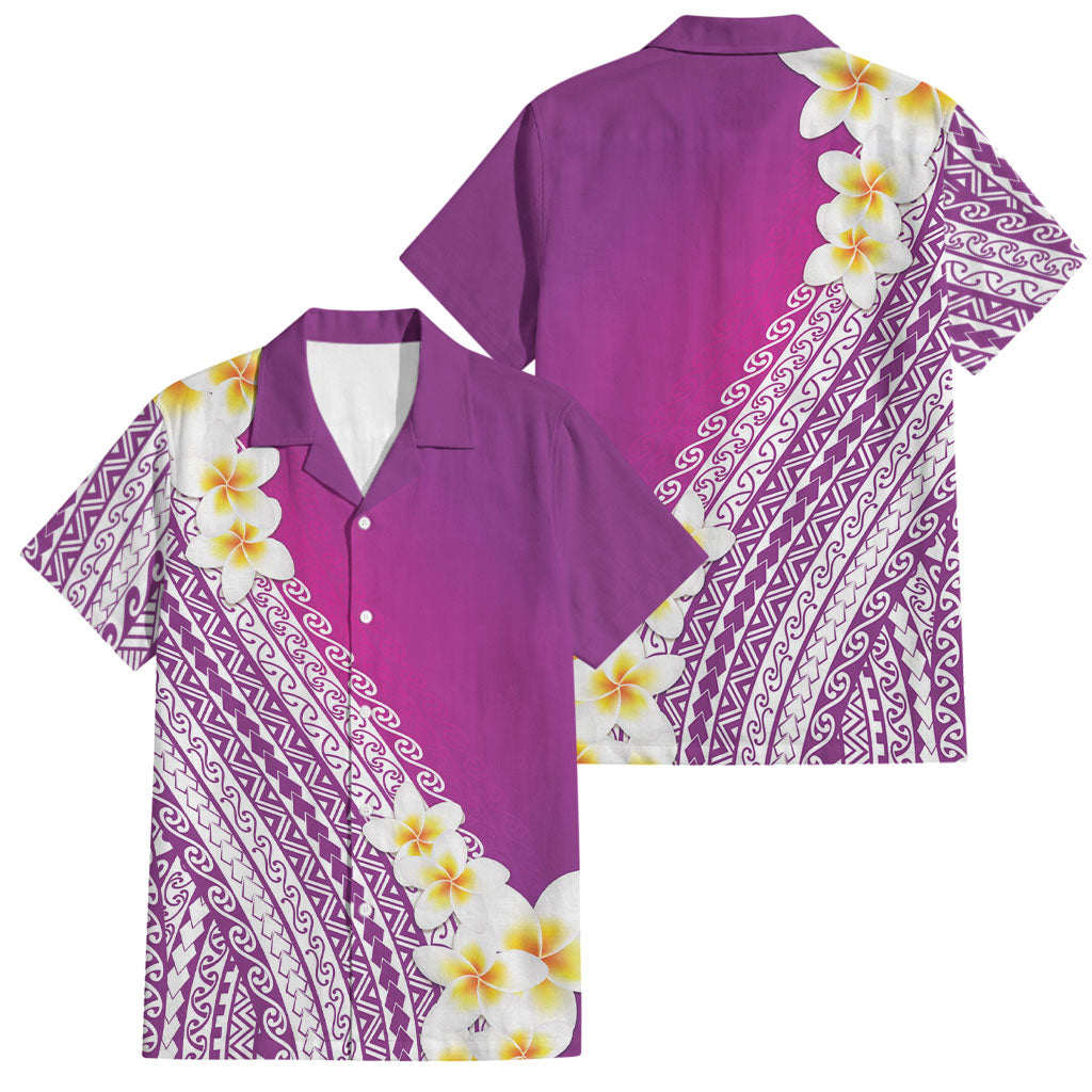 Tahiti Plumeria Tribal Pattern Family Matching Short Sleeve Bodycon Dress and Hawaiian Shirt Wave Style Purple LT05 Dad's Shirt - Short Sleeve Purple - Polynesian Pride