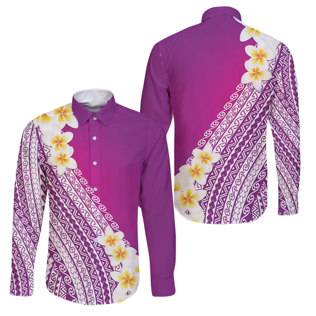 Tahiti Plumeria Tribal Pattern Family Matching Summer Maxi Dress and Hawaiian Shirt Wave Style Purple LT05 Dad's Shirt - Long Sleeve Purple - Polynesian Pride