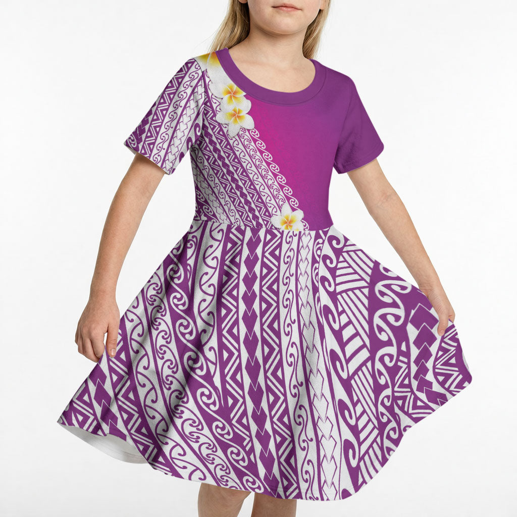 Tahiti Plumeria Tribal Pattern Kid Short Sleeve Dress Wave Style Purple LT05 - Polynesian Pride