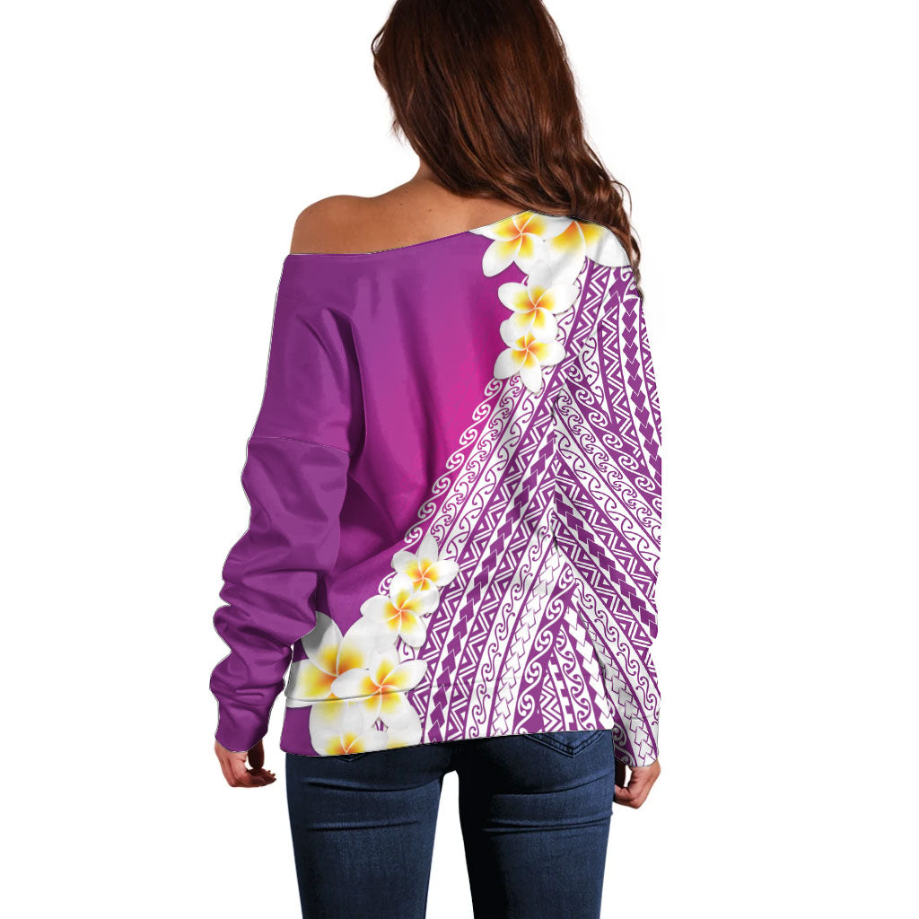 Tahiti Plumeria Tribal Pattern Off Shoulder Sweater Wave Style Purple LT05 - Polynesian Pride